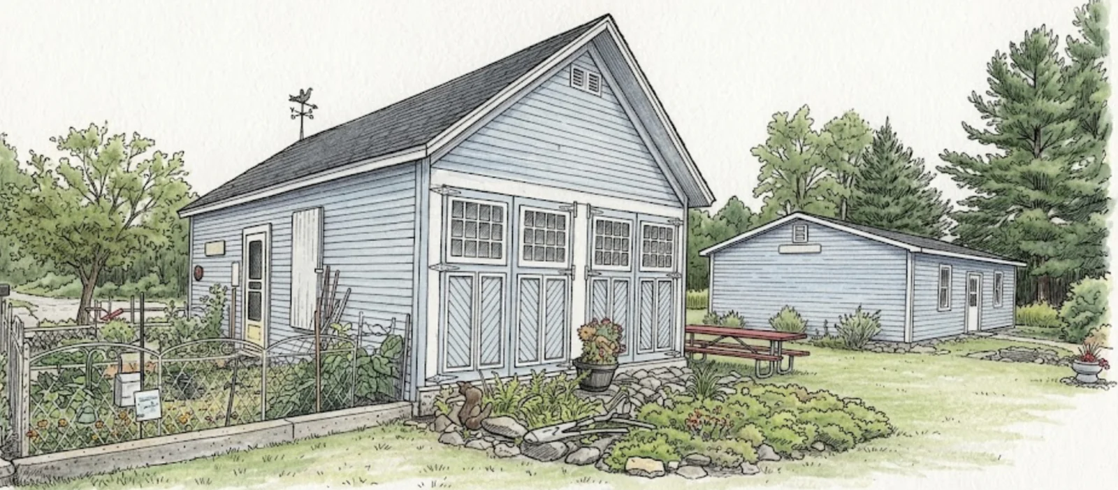 The Carriage House with the Twine Shed behind it, illustrated