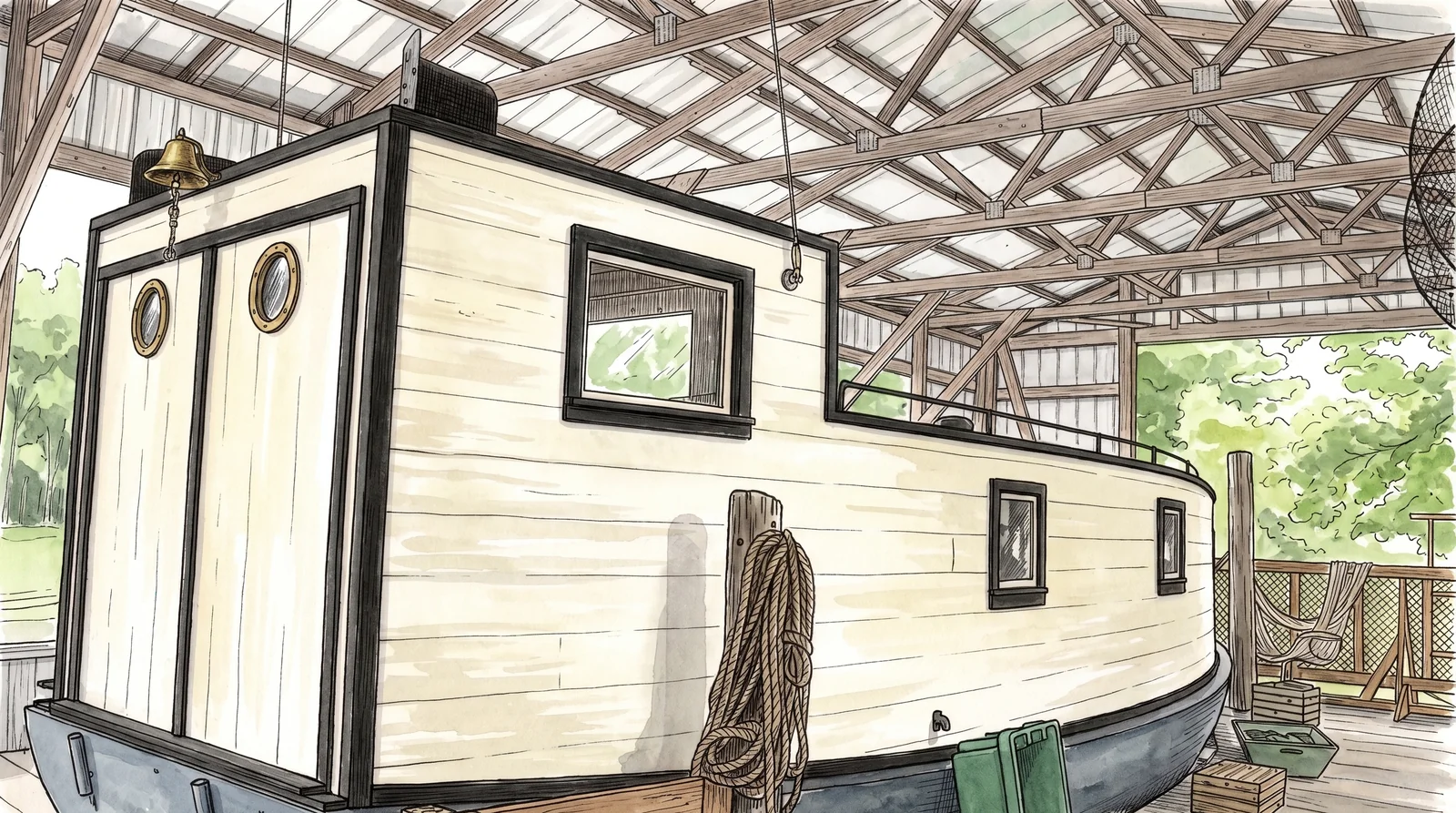 Kate A inside the boat shed, illustrated