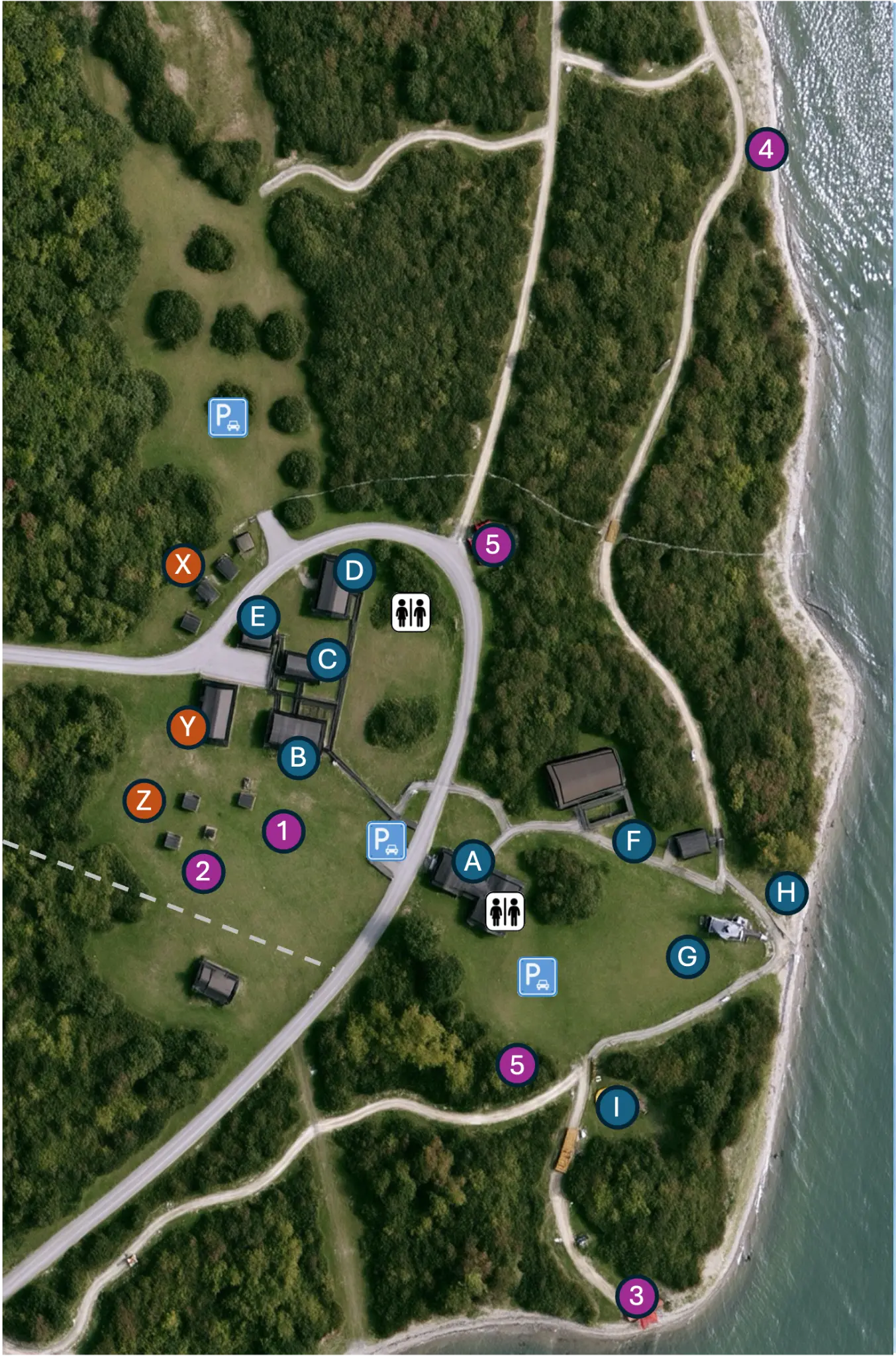 Map of the West Shore Fishing Museum grounds, trails, shoreline, buildings, and numbered points of interest.